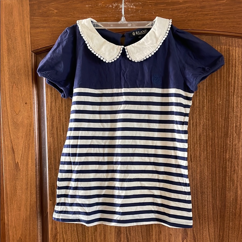 E-LAND Girl’s Navy Blue & Cream Nautical Striped Embroidered Trim Collar Dress